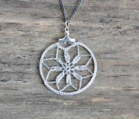 Small Delicate Crochet Lace Pendant in Silver